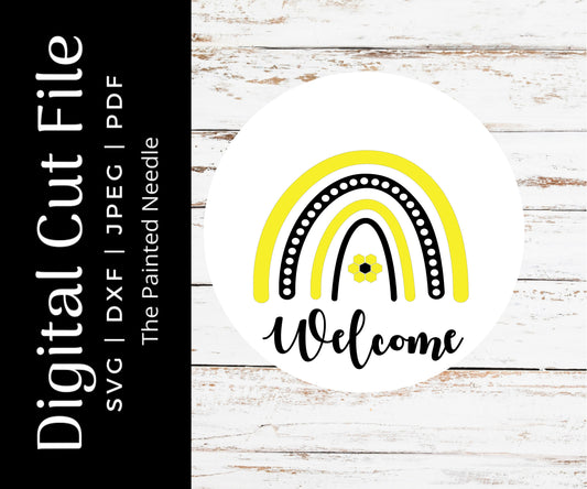 Rainbow Bee Welcome Sign SVG, Door Hanger Cut File (Digital Download)